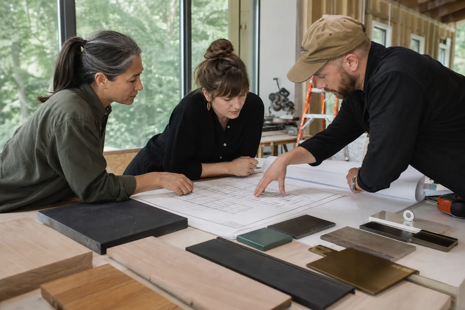 Owner representative, designer and builder reviewing drawings and material samples at a worktable