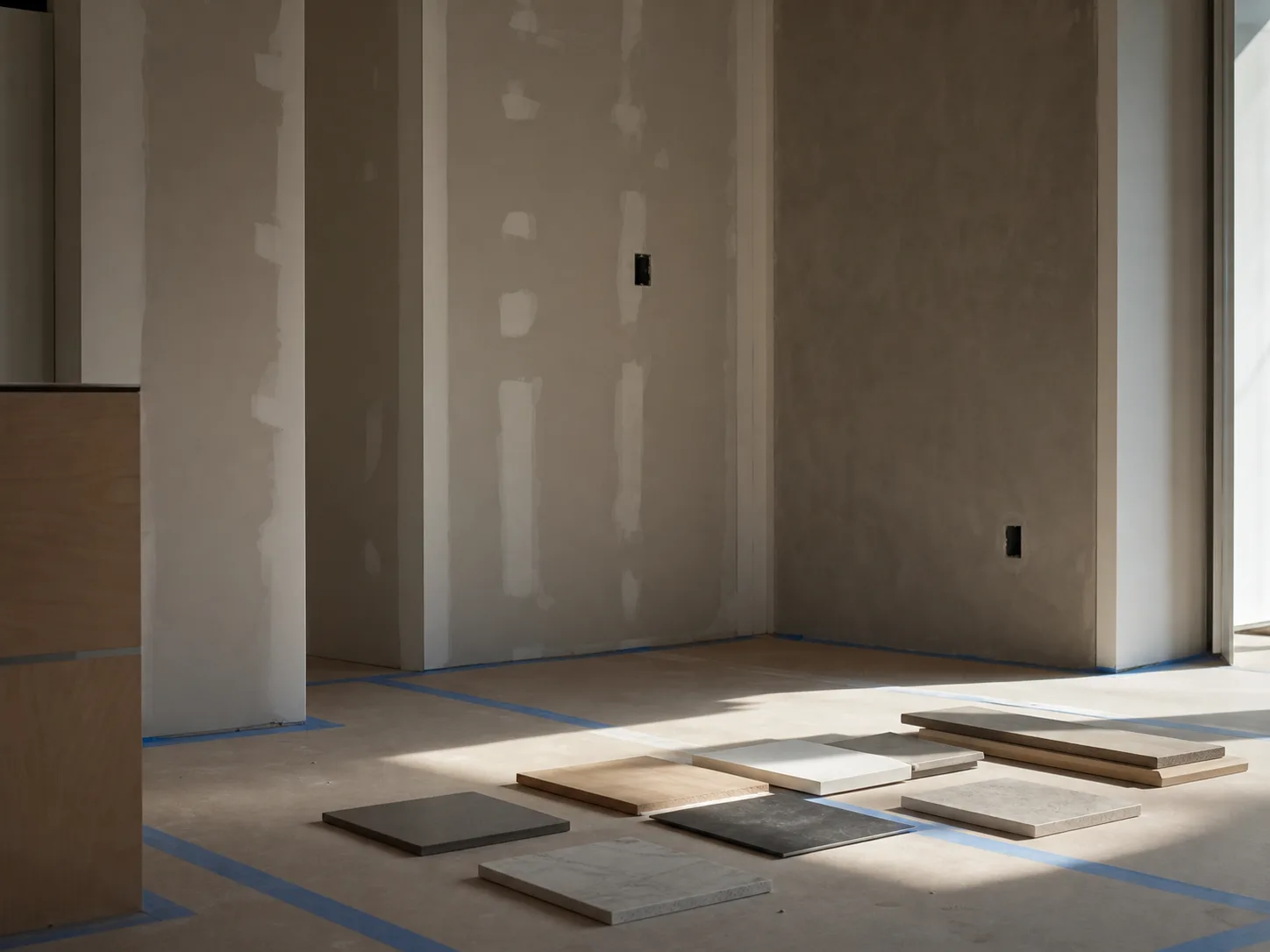 Residential renovation interior with materials staged on protected flooring